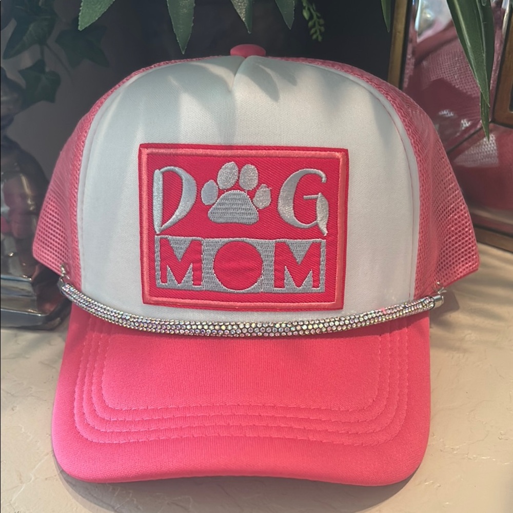 Dog Mom Pink and White Trucker hat rhinestone chain